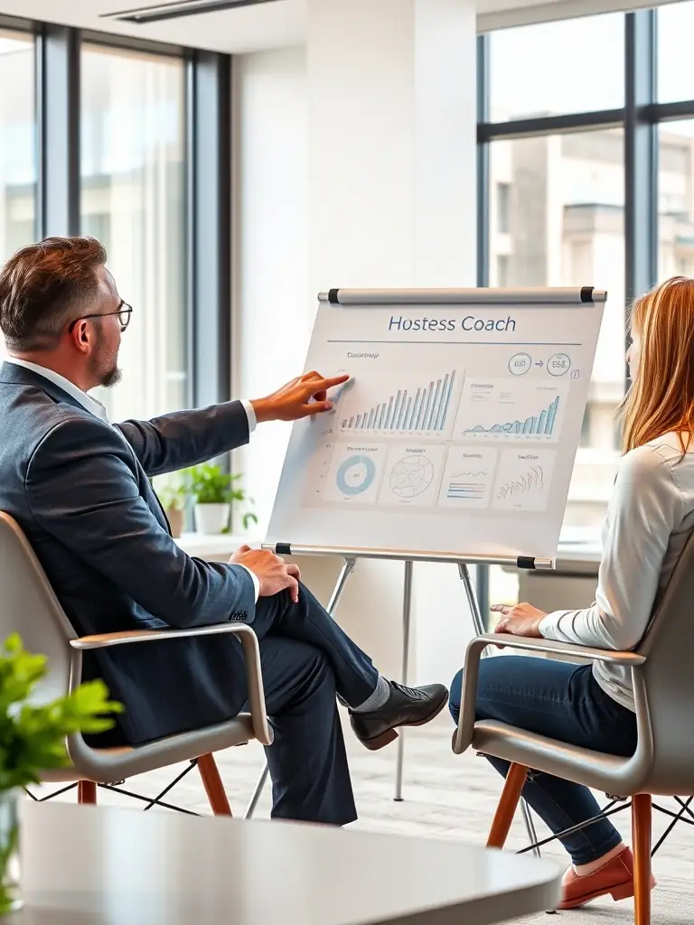 A coach guiding a client through a challenging business scenario using visual aids, demonstrating personalized coaching support.