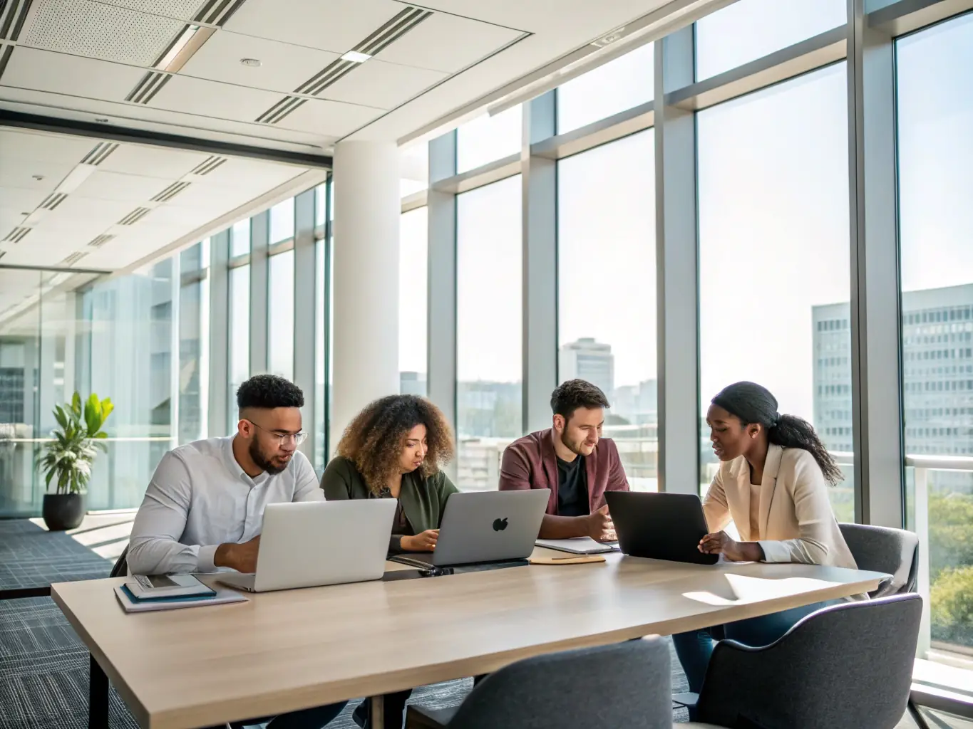 An image of a startup team brainstorming in a modern co-working space, representing collaboration and innovation.