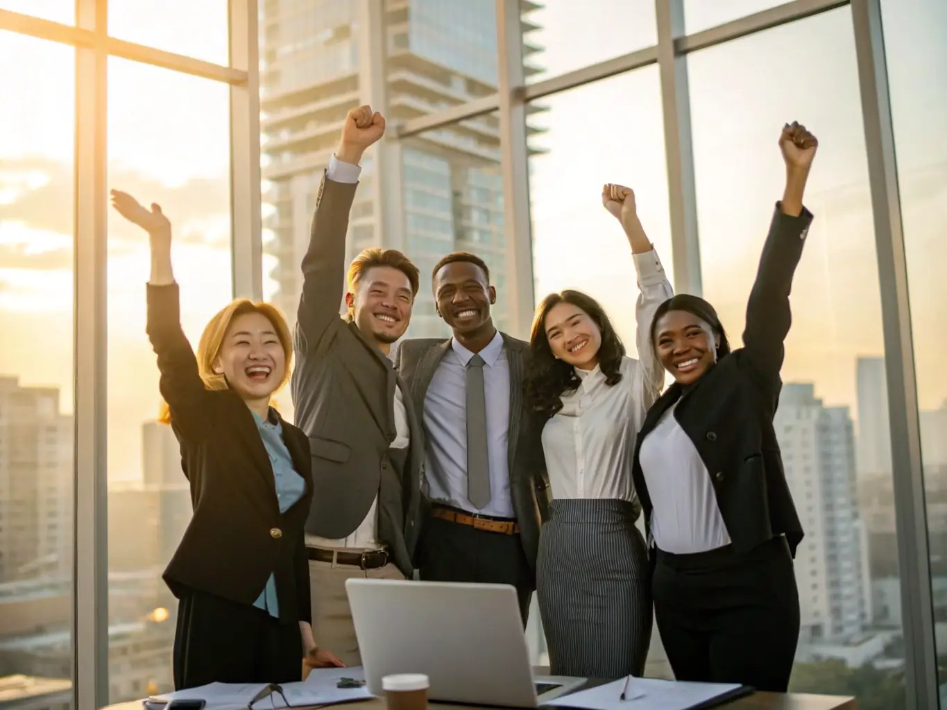 An image showcasing successful business professionals celebrating a milestone achievement, symbolizing proven results and client success.