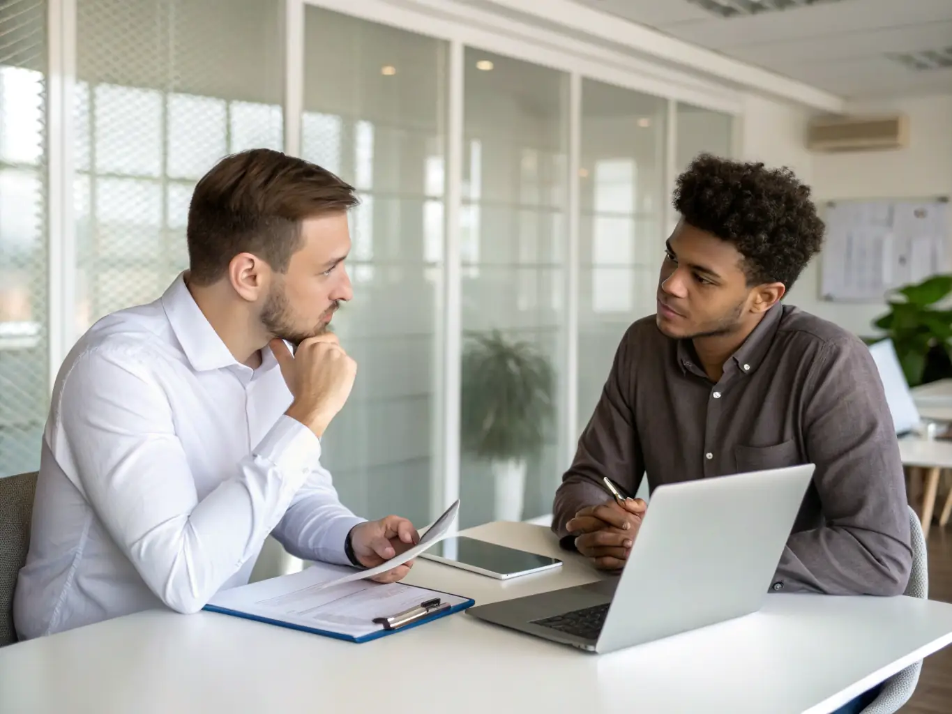 An image of a confident professional in a modern office, engaged in a coaching session with a mentor, symbolizing personalized guidance and support.