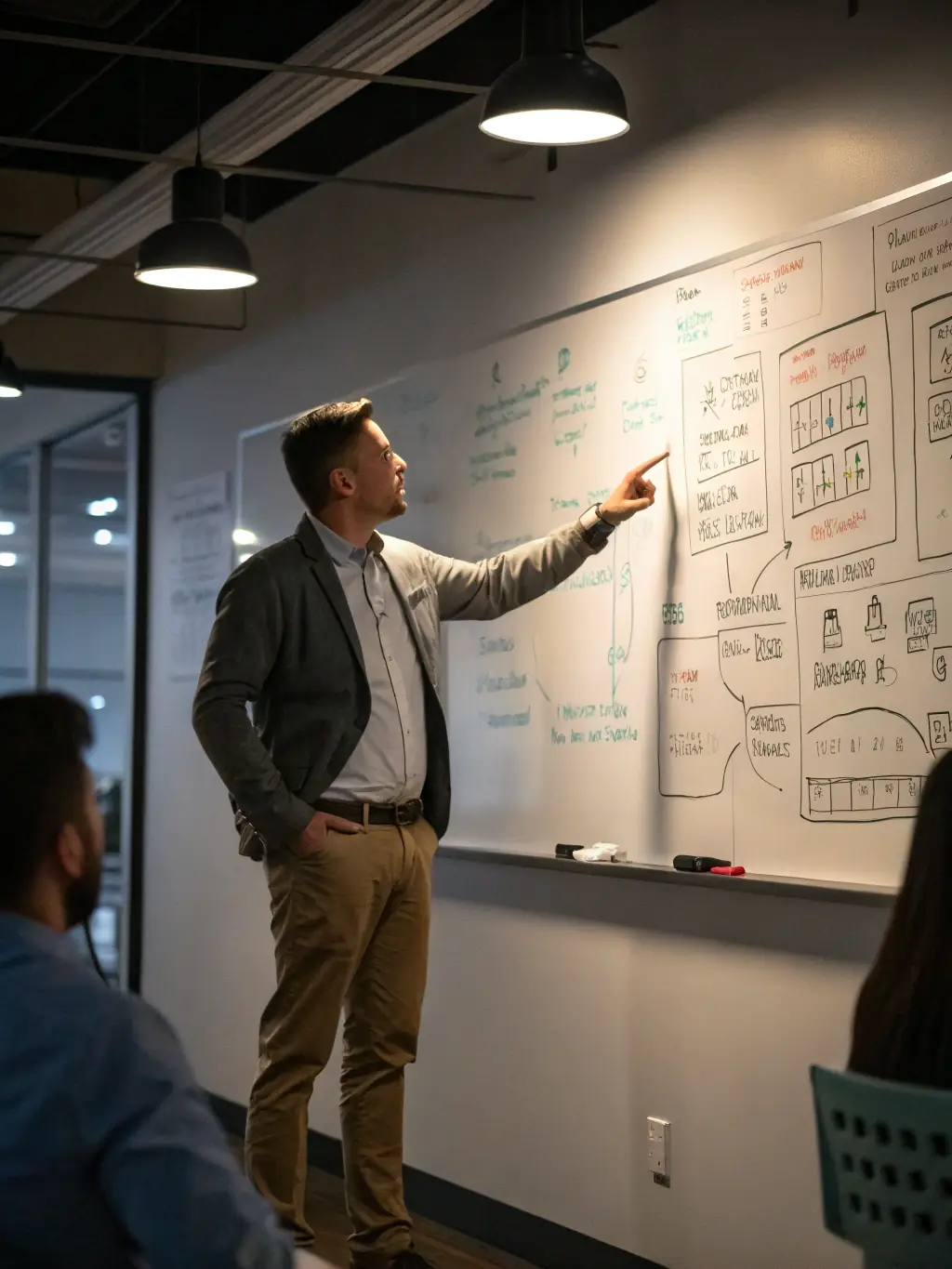 A professional in a business suit confidently presenting a growth strategy on a whiteboard to a team in a modern office setting, symbolizing career growth coaching.